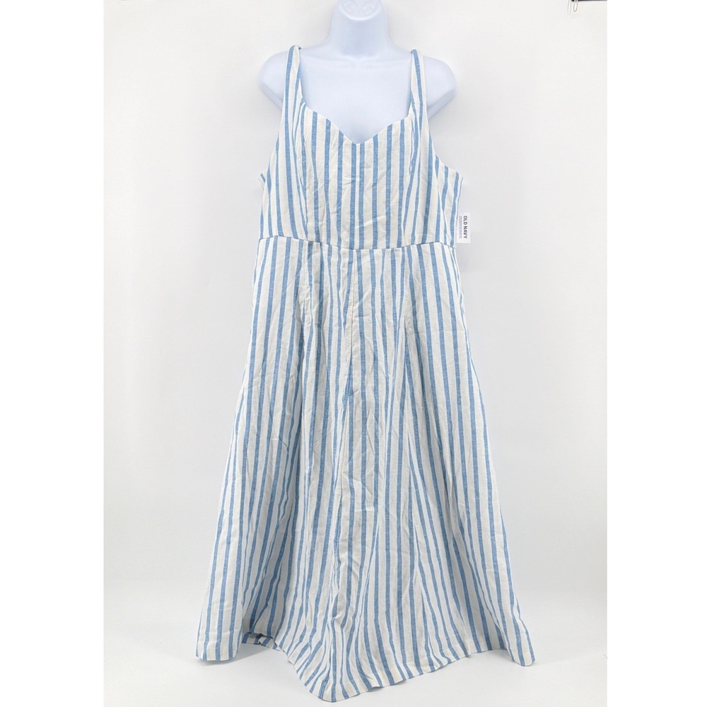 NWT Old Navy Linen Blend Striped Midi Dress Sweetheart Notch Pockets XL Blue - Picture 3 of 12